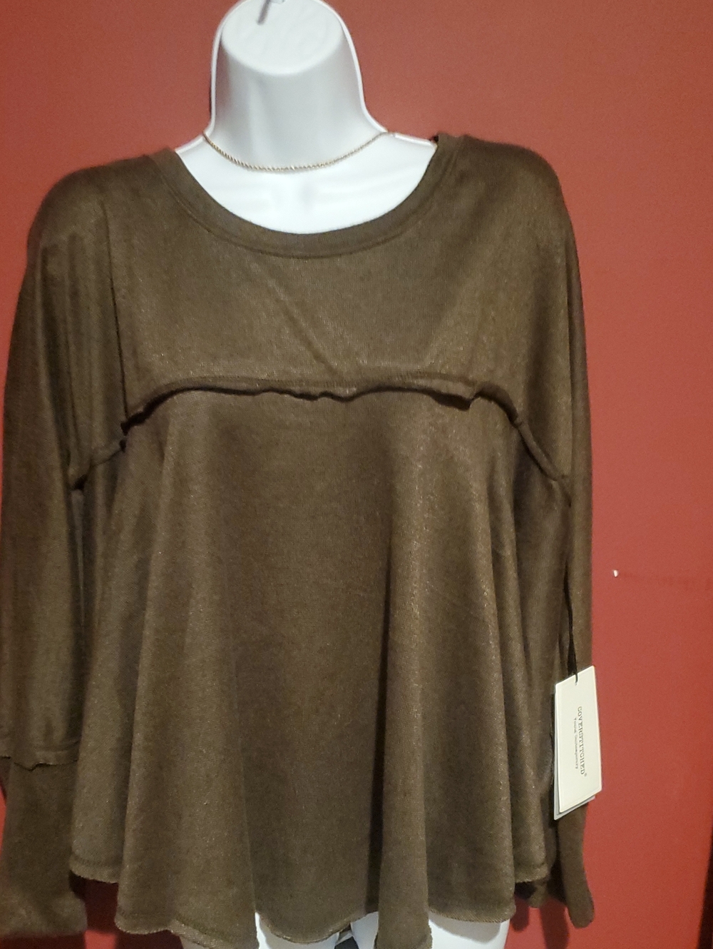 "Coverstitched" Olive/ Brown Flowing Women's Top - Brand